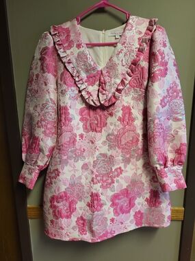 Pink Floral Jacquard Mini Dress with Ruffle Collar